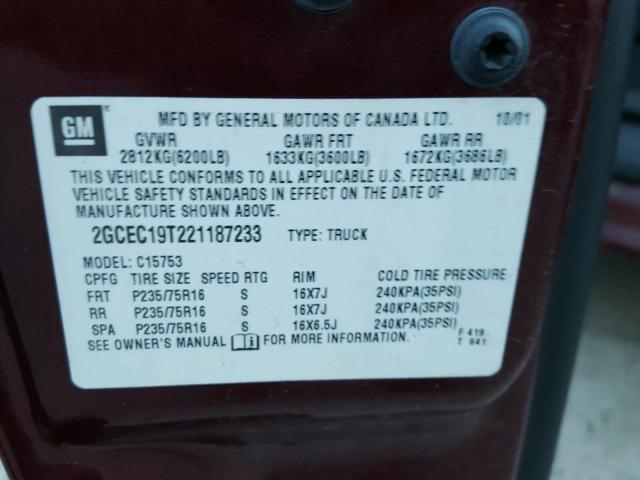 2GCEC19T221187233 - 2002 CHEVROLET SILVERADO MAROON photo 10