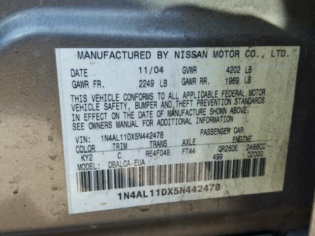 1N4AL11DX5N442478 - 2005 NISSAN ALTIMA S TAN photo 10