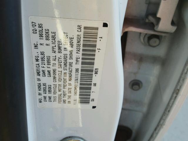 1HGCM56137A111386 - 2007 HONDA ACCORD VAL WHITE photo 10