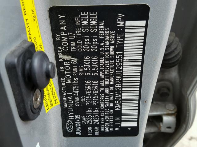 KM8JM12B29U129551 - 2009 HYUNDAI TUCSON GLS SILVER photo 10