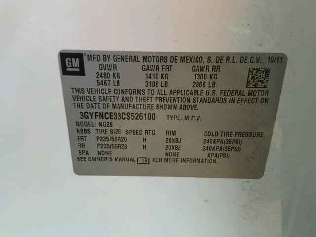 3GYFNCE33CS526100 - 2012 CADILLAC SRX PREMIU WHITE photo 10