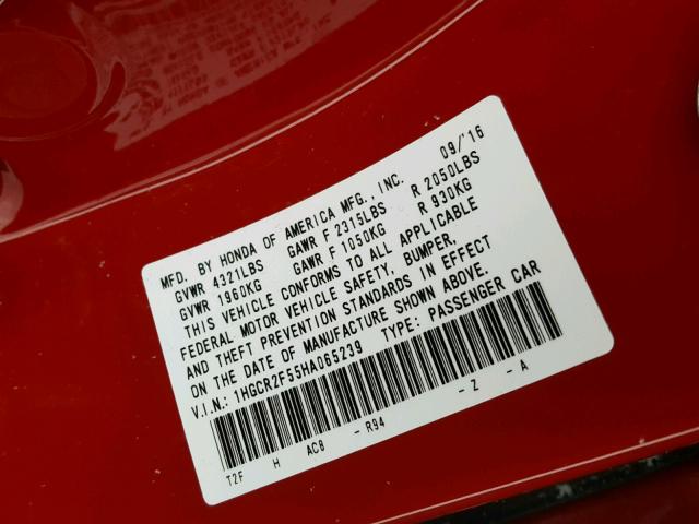 1HGCR2F55HA065239 - 2017 HONDA ACCORD SPO RED photo 10