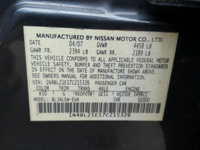 1N4BL21E17C215326 - 2007 NISSAN ALTIMA 3.5 GRAY photo 10