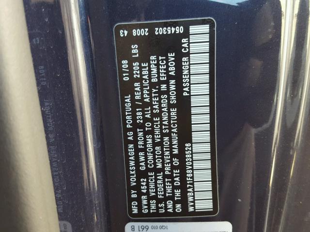 WVWBA71F68V038526 - 2008 VOLKSWAGEN EOS TURBO BLUE photo 10