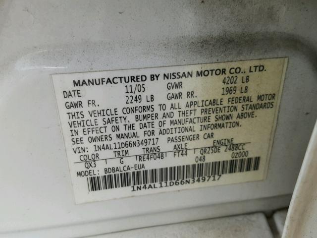 1N4AL11D66N349717 - 2006 NISSAN ALTIMA S WHITE photo 10