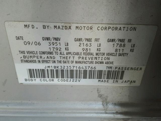 JM1BK323571643766 - 2007 MAZDA 3 S SILVER photo 10