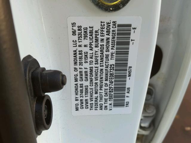 19XFB2F74FE087325 - 2015 HONDA CIVIC SE WHITE photo 10