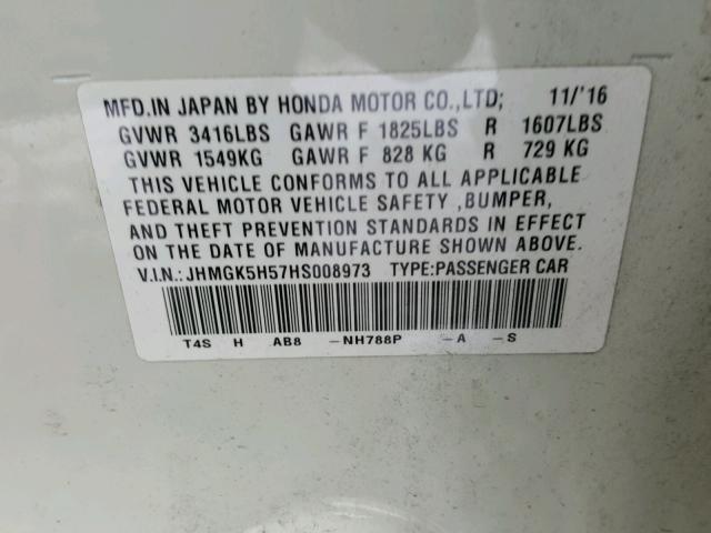 JHMGK5H57HS008973 - 2017 HONDA FIT LX WHITE photo 10