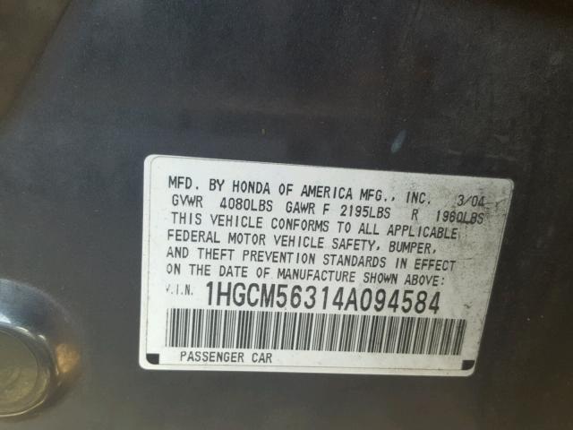 1HGCM56314A094584 - 2004 HONDA ACCORD LX GRAY photo 10