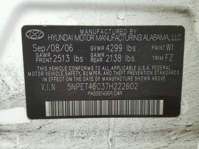 5NPET46C37H222602 - 2007 HYUNDAI SONATA GLS WHITE photo 10