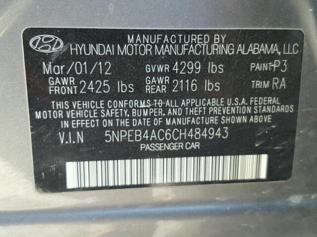 5NPEB4AC6CH484943 - 2012 HYUNDAI SONATA GLS GRAY photo 10