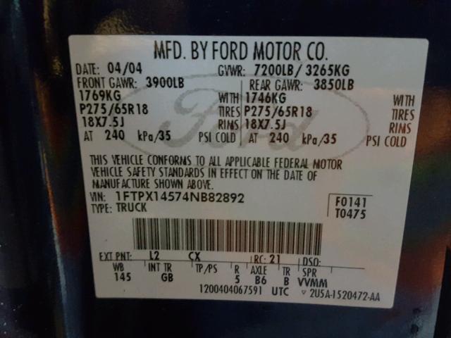 1FTPX14574NB82892 - 2004 FORD F150 BLUE photo 10