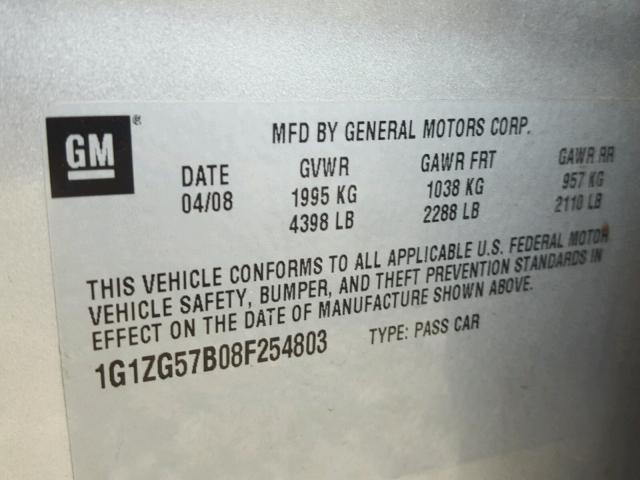 1G1ZG57B08F254803 - 2008 CHEVROLET MALIBU LS SILVER photo 10