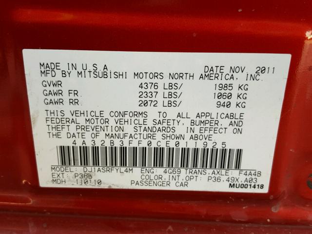 4A32B3FF0CE011925 - 2012 MITSUBISHI GALANT ES RED photo 10