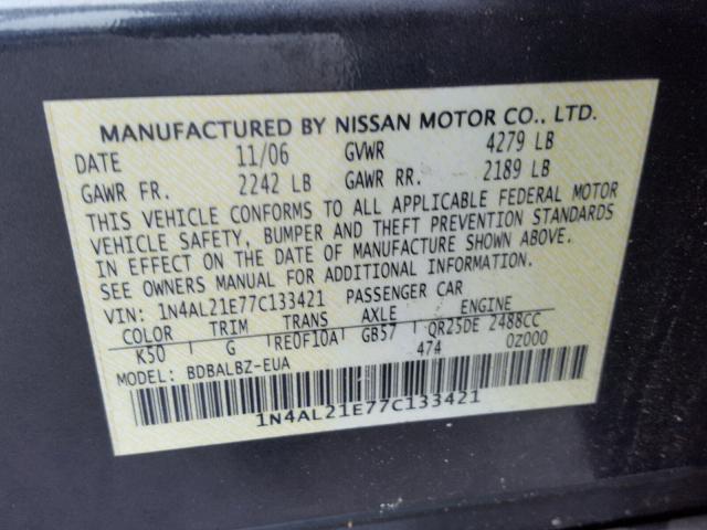 1N4AL21E77C133421 - 2007 NISSAN ALTIMA 2.5 CHARCOAL photo 10