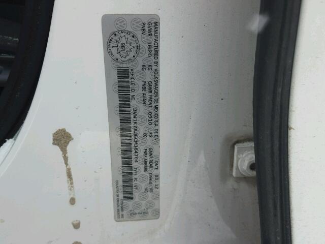 3VW1K7AJ5CM364704 - 2012 VOLKSWAGEN JETTA BASE თეთრი ფოტო 10