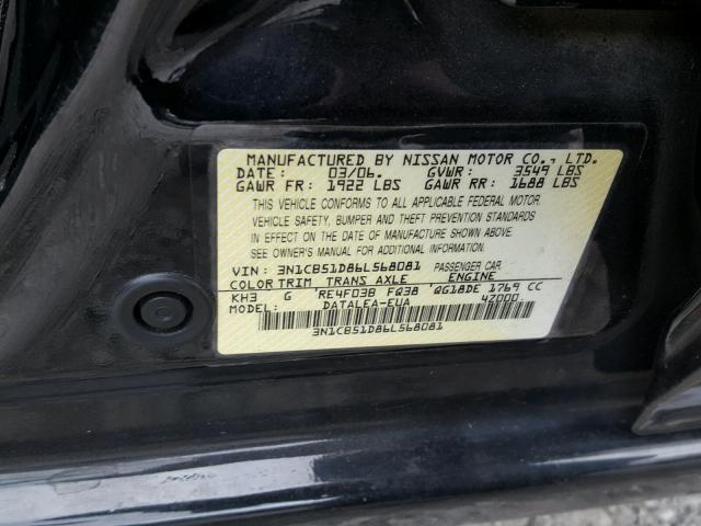 3N1CB51D86L568081 - 2006 NISSAN SENTRA 1.8 BLACK photo 10