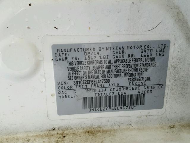 3N1CE2CP6EL417509 - 2014 NISSAN VERSA NOTE WHITE photo 10