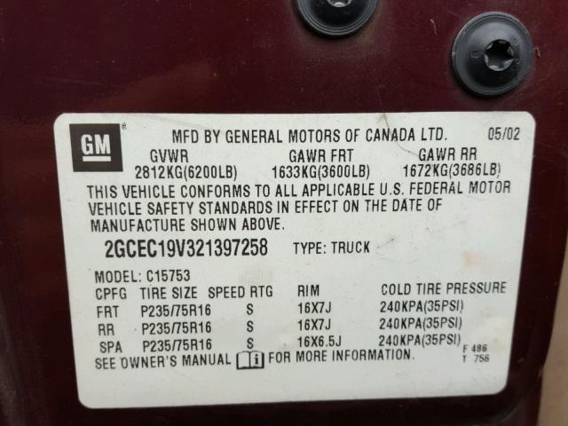 2GCEC19V321397258 - 2002 CHEVROLET SILVERADO MAROON photo 10