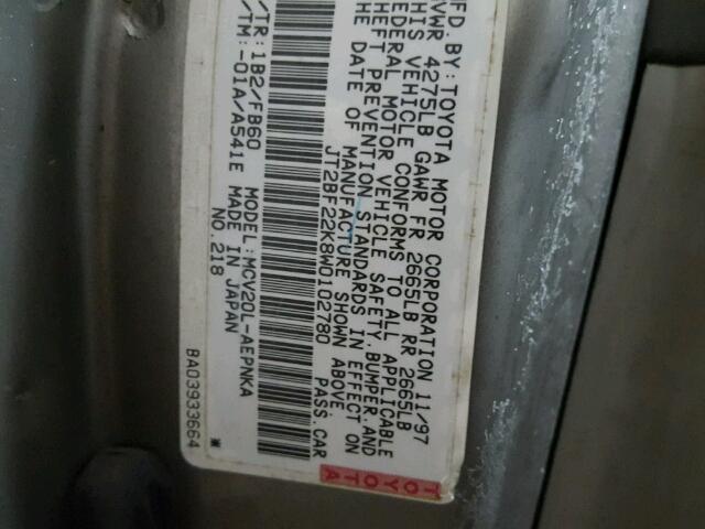 JT2BF22K8W0102780 - 1998 TOYOTA CAMRY CE GRAY photo 10