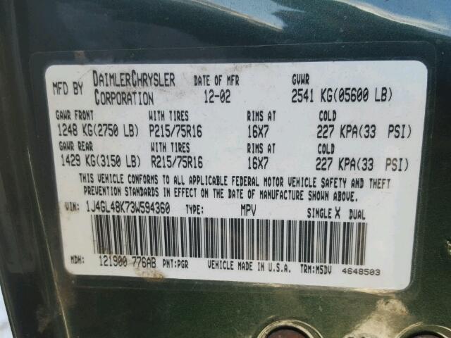 1J4GL48K73W594360 - 2003 JEEP LIBERTY SP GREEN photo 10