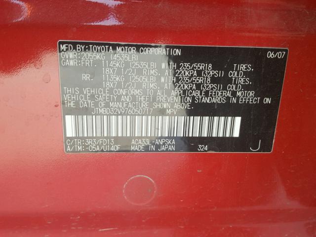 JTMBD32V976050717 - 2007 TOYOTA RAV4 SPORT RED photo 10