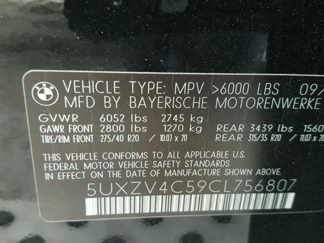 5UXZV4C59CL756807 - 2012 BMW X5 XDRIVE3 BLACK photo 10