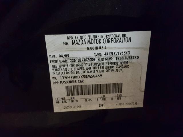 1YVHP80DX55M58469 - 2005 MAZDA 6 S BLACK photo 10