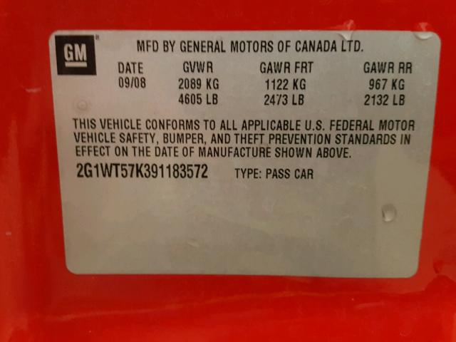 2G1WT57K391183572 - 2009 CHEVROLET IMPALA 1LT RED photo 10