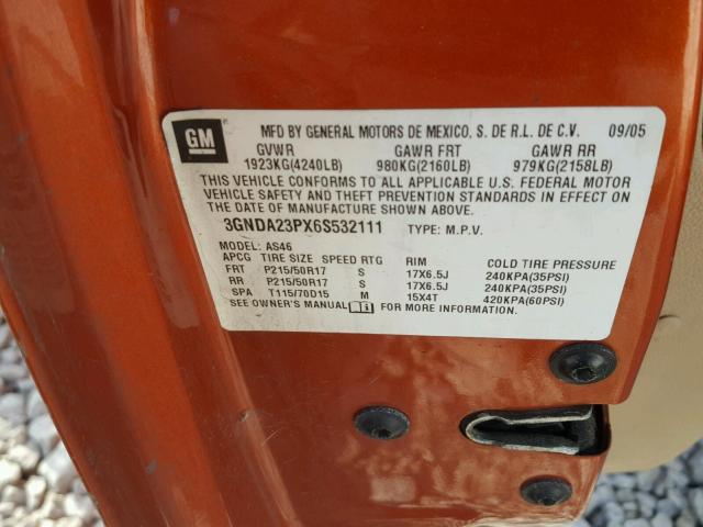 3GNDA23PX6S532111 - 2006 CHEVROLET HHR LT ORANGE photo 10