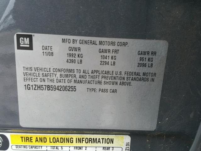 1G1ZH57B594206255 - 2009 CHEVROLET MALIBU 1LT ნაცრისფერი ფოტო 10