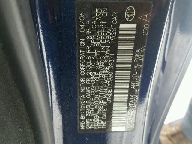 JTKDE177860139371 - 2006 TOYOTA SCION TC ლურჯი ფოტო 10