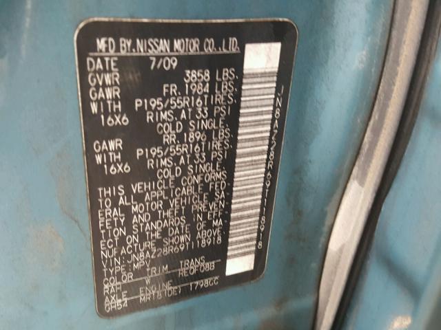 JN8AZ28R69T118918 - 2009 NISSAN CUBE BASE BLUE photo 10