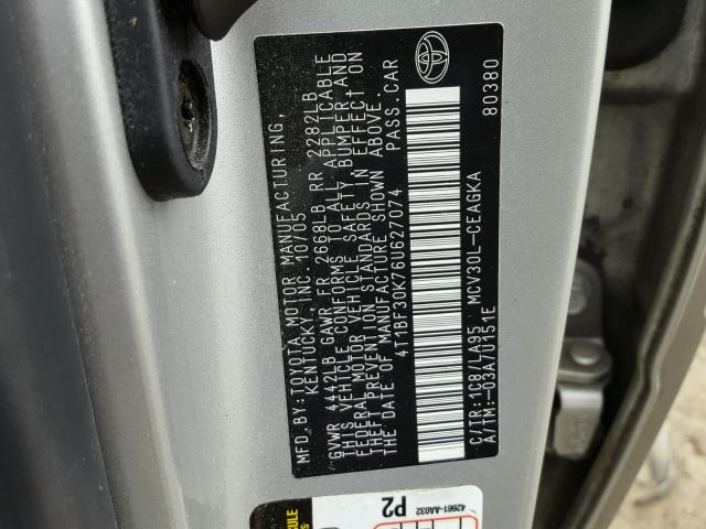 4T1BF30K76U627074 - 2006 TOYOTA CAMRY LE SILVER photo 10