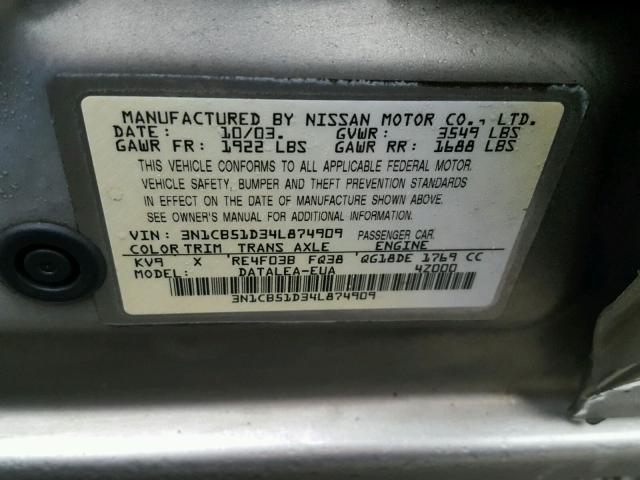 3N1CB51D34L874909 - 2004 NISSAN SENTRA 1.8 GRAY photo 10