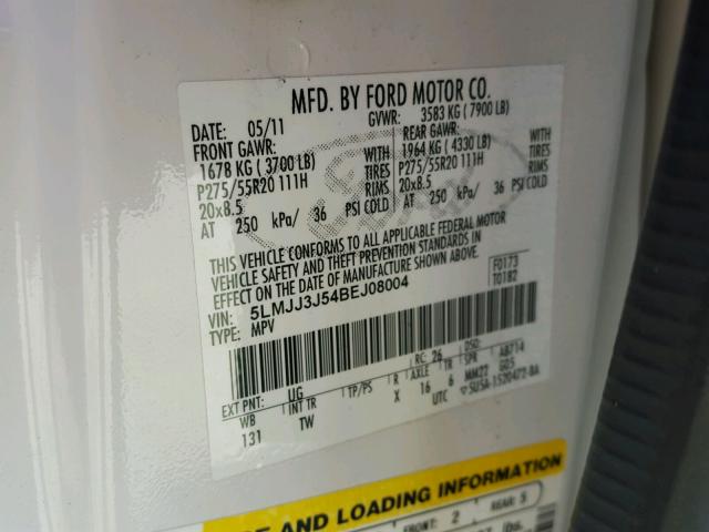 5LMJJ3J54BEJ08004 - 2011 LINCOLN NAVIGATOR 白色 照片 10