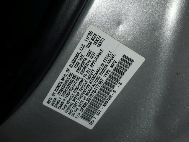 5FNRL38707B417387 - 2007 HONDA ODYSSEY EX SILVER photo 10