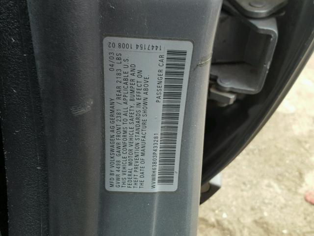 WVWRH63B03P433281 - 2003 VOLKSWAGEN PASSAT GLX SILVER photo 10