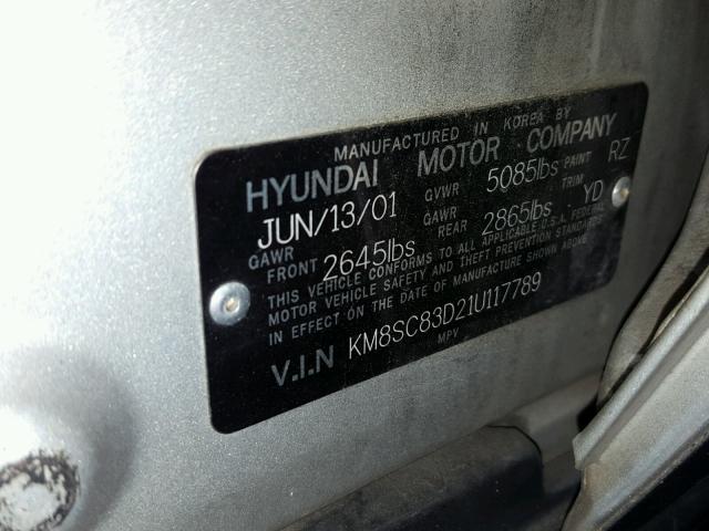 KM8SC83D21U117789 - 2001 HYUNDAI SANTA FE G SILVER photo 10