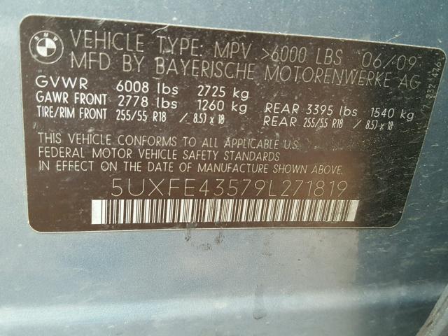 5UXFE43579L271819 - 2009 BMW X5 XDRIVE3 GRAY photo 10