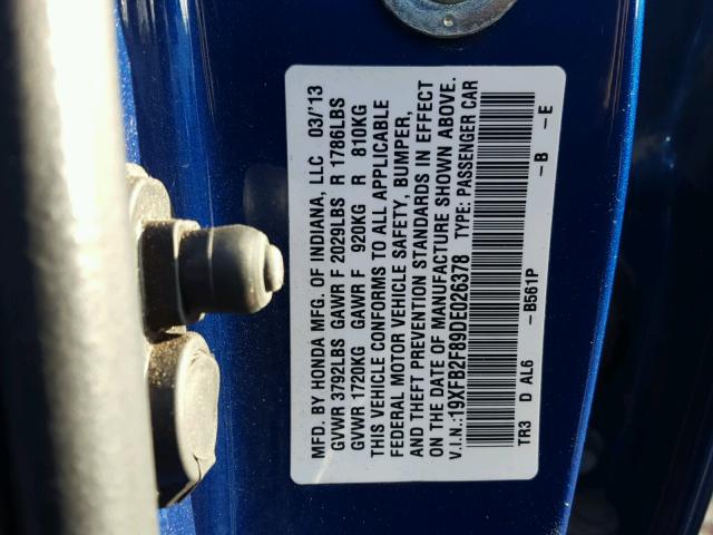 19XFB2F89DE026378 - 2013 HONDA CIVIC EX BLUE photo 10