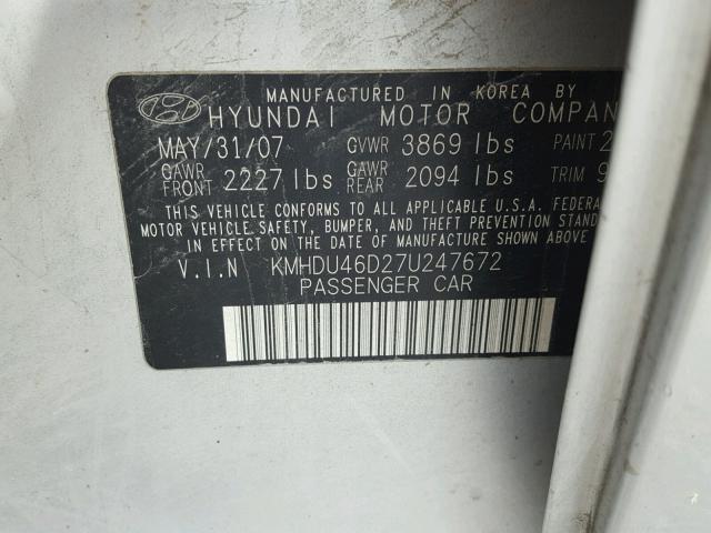 KMHDU46D27U247672 - 2007 HYUNDAI ELANTRA GL SILVER photo 10