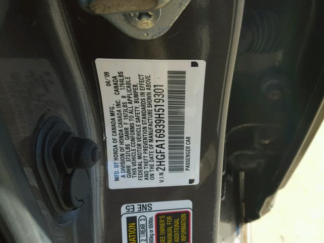 2HGFA16939H519301 - 2009 HONDA CIVIC EXL 棕色 照片 10