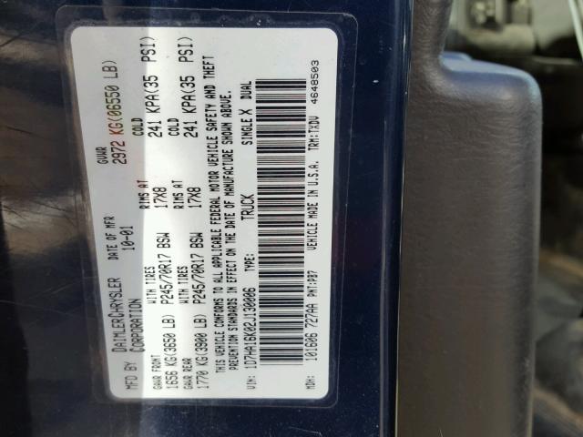 1D7HA16K02J130006 - 2002 DODGE RAM 1500 BLUE photo 10