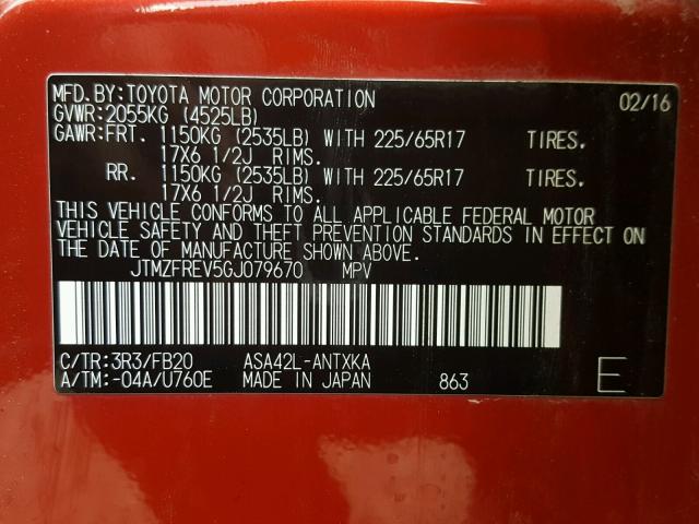 JTMZFREV5GJ079670 - 2016 TOYOTA RAV4 LE RED photo 10