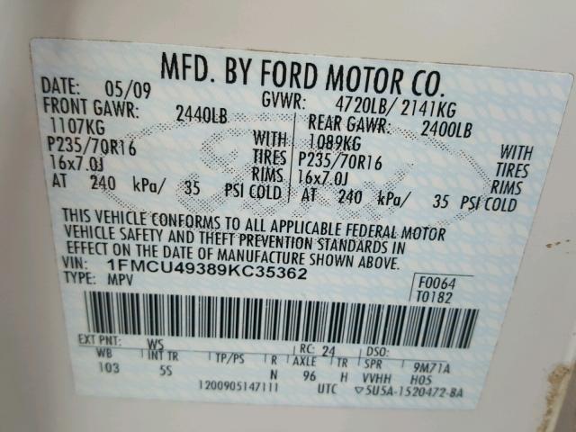 1FMCU49389KC35362 - 2009 FORD ESCAPE HYB WHITE photo 10