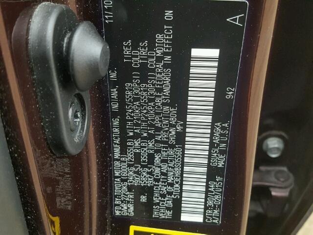 5TDDK3EH8BS055601 - 2011 TOYOTA HIGHLANDER MAROON photo 10