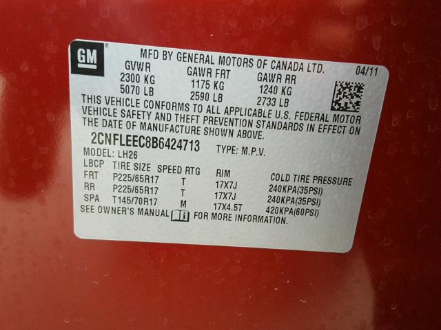 2CNFLEEC8B6424713 - 2011 CHEVROLET EQUINOX LT RED photo 10