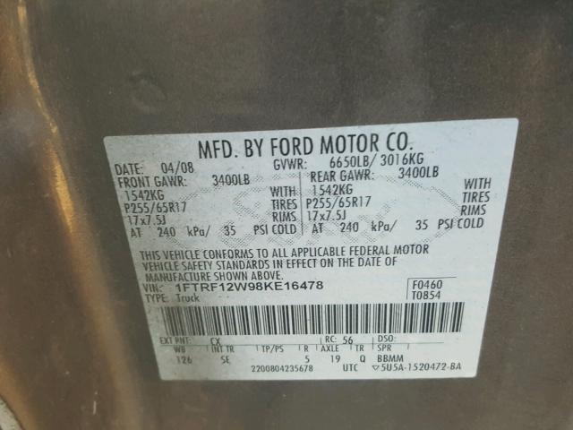 1FTRF12W98KE16478 - 2008 FORD F150 GRAY photo 10