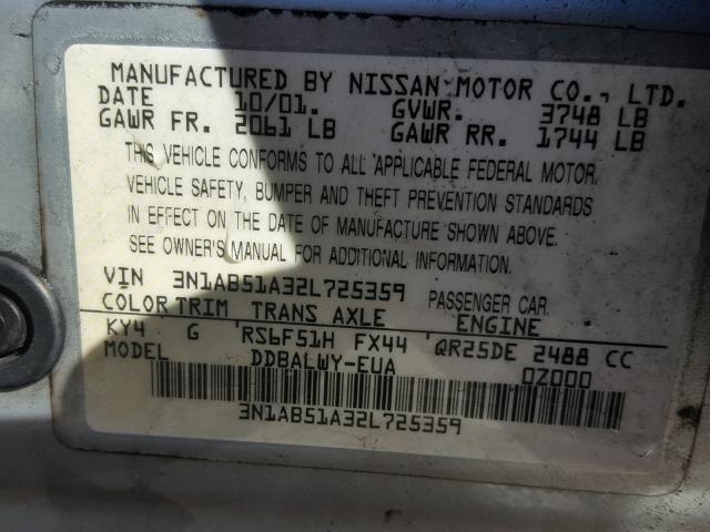 3N1AB51A32L725359 - 2002 NISSAN SENTRA SE- SILVER photo 10